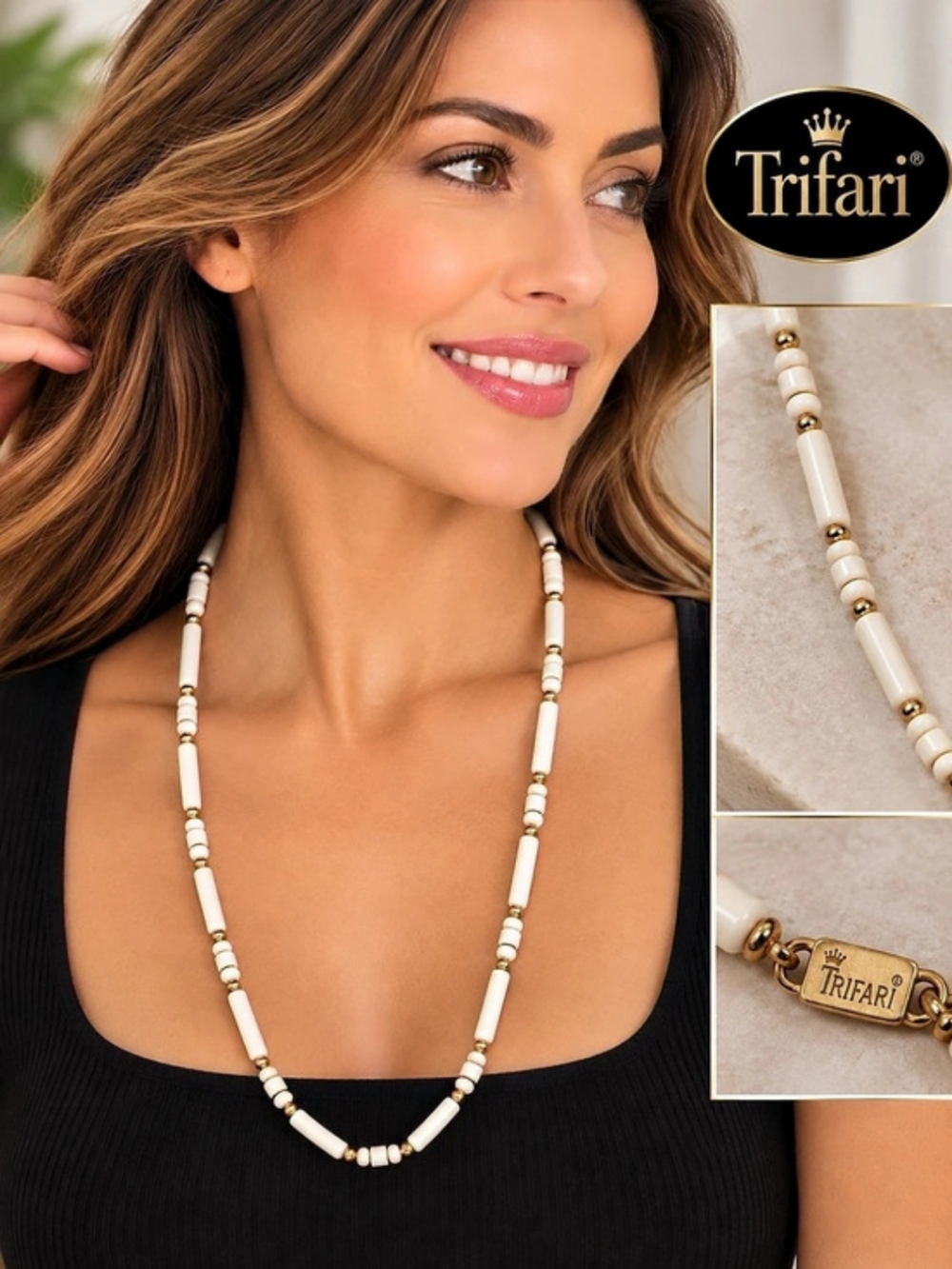 Trifari Beaded Statement Necklace White & Gold
